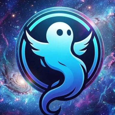 A glowing blue ghost with wings inside a ring, against a purple and blue galaxy